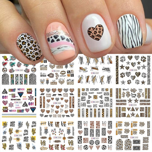 New Leopard Print Stickers For Nails Wild Animal Texture Cute Cows Designs Nail Tattoo Watermark Transfer Sliders NTBN2281-2292