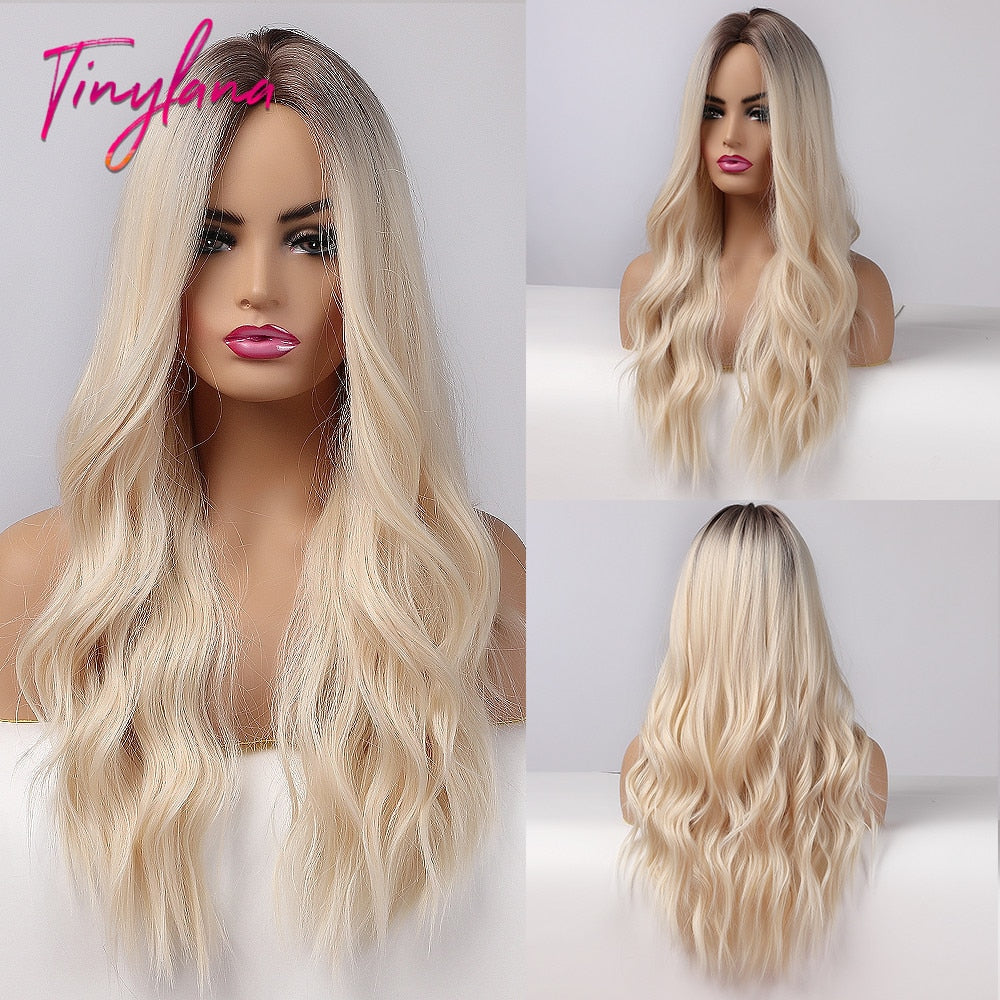 Long Synthetic Brown Blonde Water Wavy Gloden Highlight Wigs Middle Part Heat Resistant Cosplay Natural Hair for Black Women