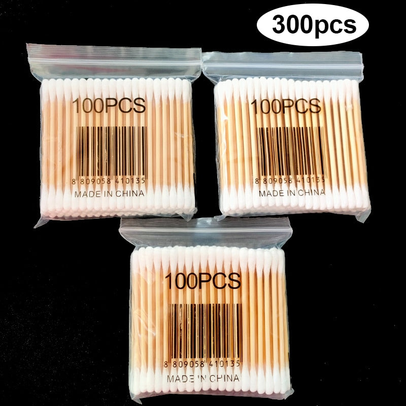 500/300/100pcs Wooden Disposable Micro Buds Cotton Swabs Cosmetics  Makeup Cleaning Stickers for Eyelash Grafting Extension