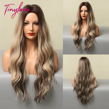 Long Synthetic Brown Blonde Water Wavy Gloden Highlight Wigs Middle Part Heat Resistant Cosplay Natural Hair for Black Women