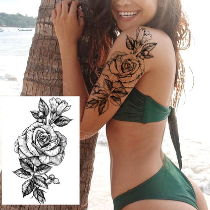 YURAN Black Tulip Totem Tattoos Stickers Women Body Waist Arm Art Bracelet Tattoos Temporary Girls Butterfly Tatoos Rose Chains