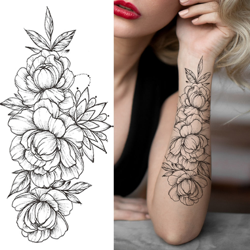 Large Realistic Flower Fake Tattoo Stickers For Woman Female Azalea Snake Flower Temporary Tattoos Body Art Water Transfer Tatoo