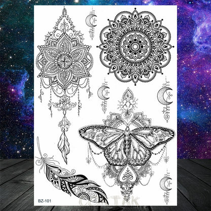 Black Dreamcatcher Temporary Tattoos Sticker For Women Fashion Body Art Back Tatoos Fake Jewelry Mandala Flower Tattoo For Party