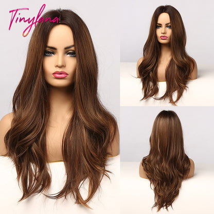 Long Synthetic Brown Blonde Water Wavy Gloden Highlight Wigs Middle Part Heat Resistant Cosplay Natural Hair for Black Women