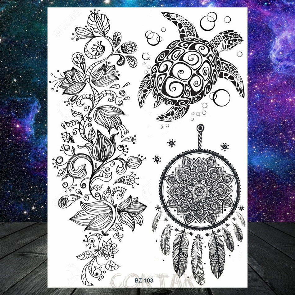 Black Dreamcatcher Temporary Tattoos Sticker For Women Fashion Body Art Back Tatoos Fake Jewelry Mandala Flower Tattoo For Party