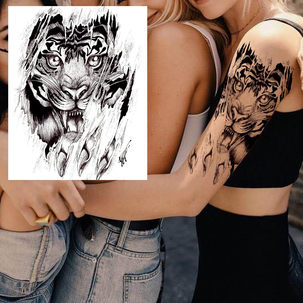 Big Black Tiger Tattoos Fake Men Wolf Leopard Tatoos Waterproof Large Beast Monster Body Arm Legs Tattoos Temporary Paper Cover