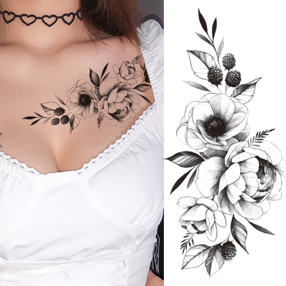 Large Realistic Flower Fake Tattoo Stickers For Woman Female Azalea Snake Flower Temporary Tattoos Body Art Water Transfer Tatoo