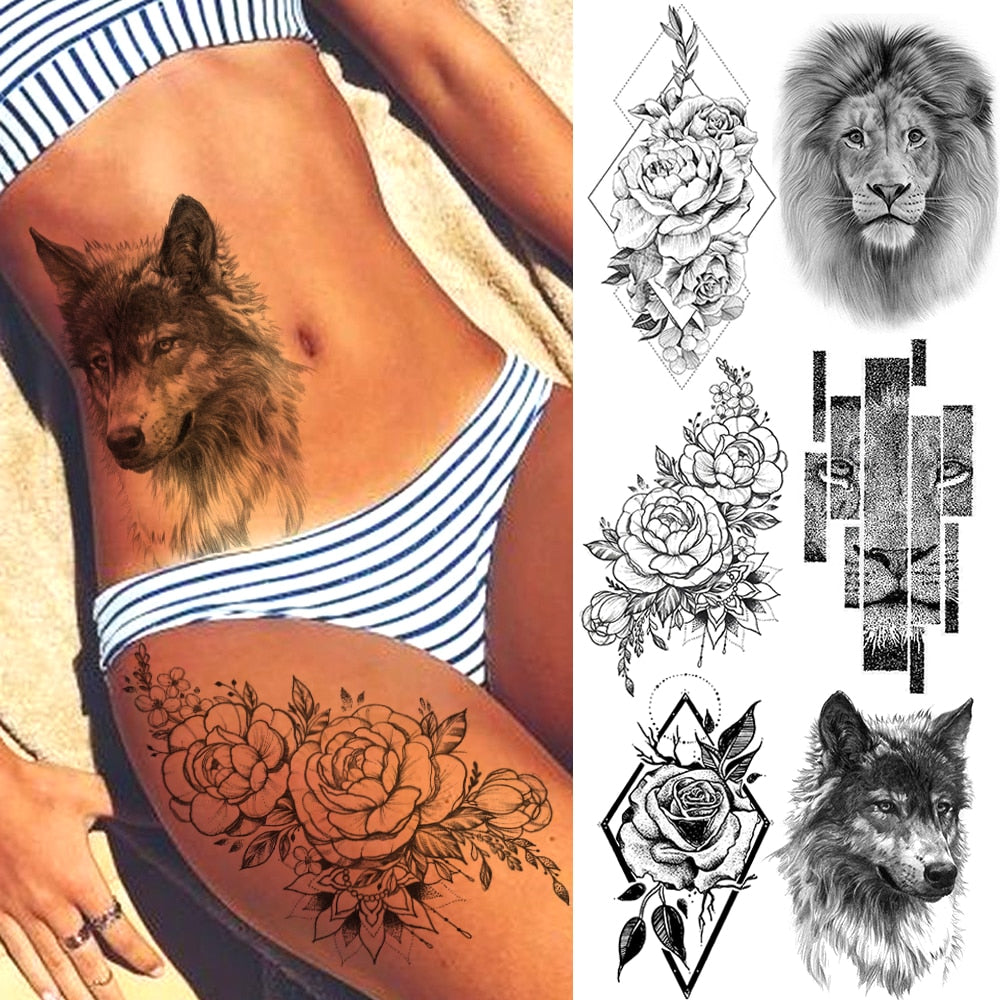 Summer Style Temporary Tattoo Stickers Rose Flower Feather For Women Fake Tattoos Men Body Arm Art Tatoos Tribal Wolf Lion Henna