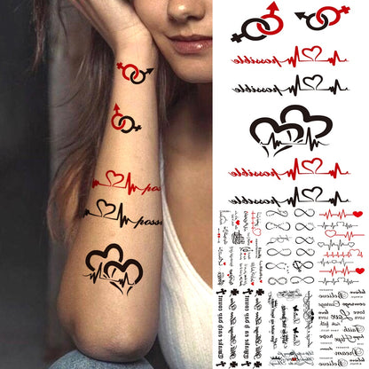 Heartbeat Character Temporary Small Tattoos For Girls Boys Couple Unique Text Waterproof Tattoo Stickers Body Art Fake Tatoos