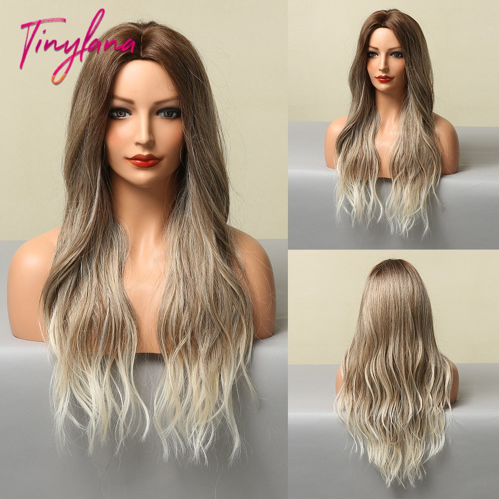 Long Synthetic Brown Blonde Water Wavy Gloden Highlight Wigs Middle Part Heat Resistant Cosplay Natural Hair for Black Women