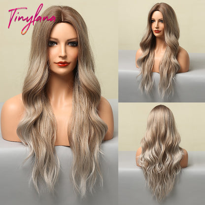 Long Synthetic Brown Blonde Water Wavy Gloden Highlight Wigs Middle Part Heat Resistant Cosplay Natural Hair for Black Women