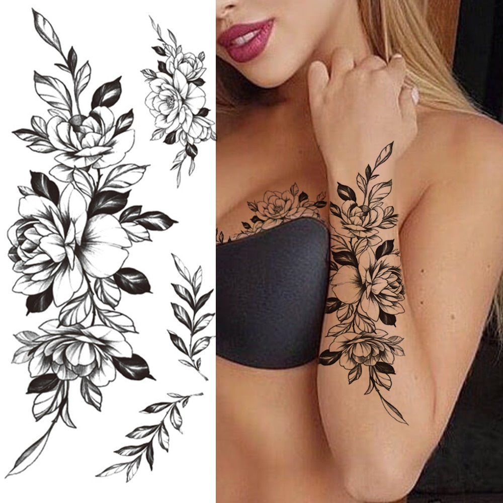 Large Realistic Flower Fake Tattoo Stickers For Woman Female Azalea Snake Flower Temporary Tattoos Body Art Water Transfer Tatoo