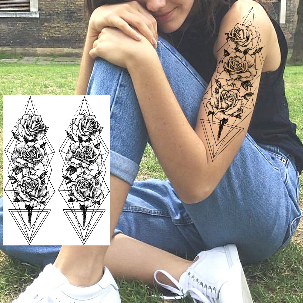 YURAN Black Tulip Totem Tattoos Stickers Women Body Waist Arm Art Bracelet Tattoos Temporary Girls Butterfly Tatoos Rose Chains