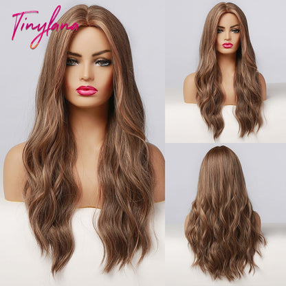 Long Synthetic Brown Blonde Water Wavy Gloden Highlight Wigs Middle Part Heat Resistant Cosplay Natural Hair for Black Women