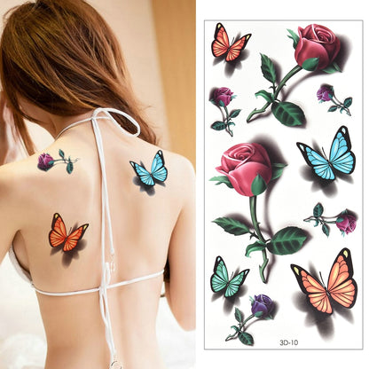 Temporary Tattoos Sticker for Women Body Art Tattoo Sticker 3D Butterfly Rose Flower Feather Tattoo Waterproof Halloween Gift