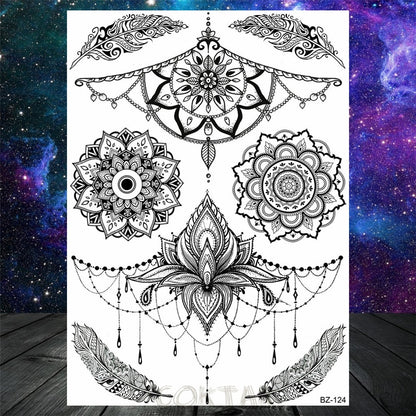 Black Dreamcatcher Temporary Tattoos Sticker For Women Fashion Body Art Back Tatoos Fake Jewelry Mandala Flower Tattoo For Party