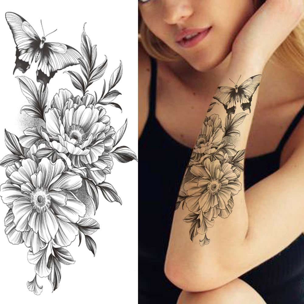 Large Realistic Flower Fake Tattoo Stickers For Woman Female Azalea Snake Flower Temporary Tattoos Body Art Water Transfer Tatoo