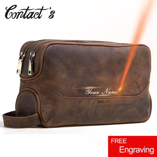 Contact's Genuine Leather Cosmetic Bag Men Luxury Large Capacity Men Makeup Pouch Organizer Travel Vintage Toiletry Bags Storage