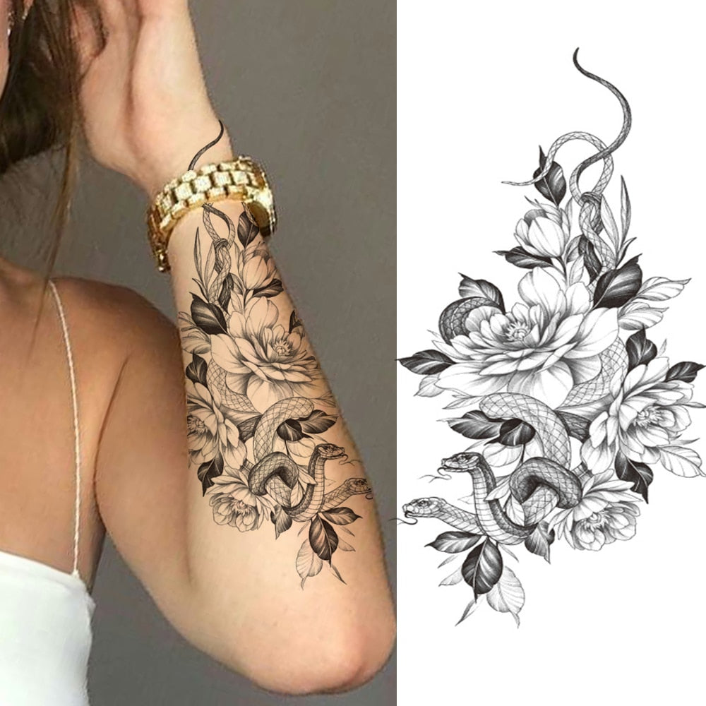 Large Realistic Flower Fake Tattoo Stickers For Woman Female Azalea Snake Flower Temporary Tattoos Body Art Water Transfer Tatoo