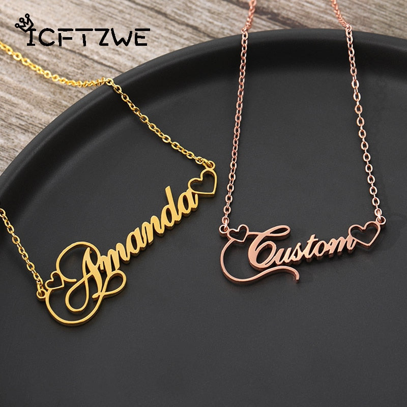 Custom Name Hollow Heart Necklaces For Women Stainless Steel Chain Cursive Script Collier Christmas Jewelry Christmas Gift