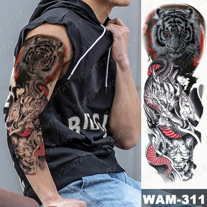 Large Arm Sleeve Tattoo Japanese Wave Waterproof Temporary Tattoo Sticker Lily Peacock Men Full Tiger Fox Tatoo Body Art Women