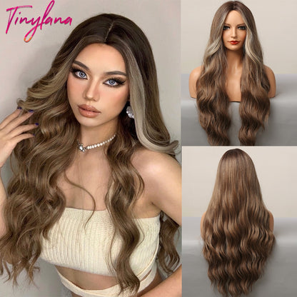 Long Synthetic Brown Blonde Water Wavy Gloden Highlight Wigs Middle Part Heat Resistant Cosplay Natural Hair for Black Women