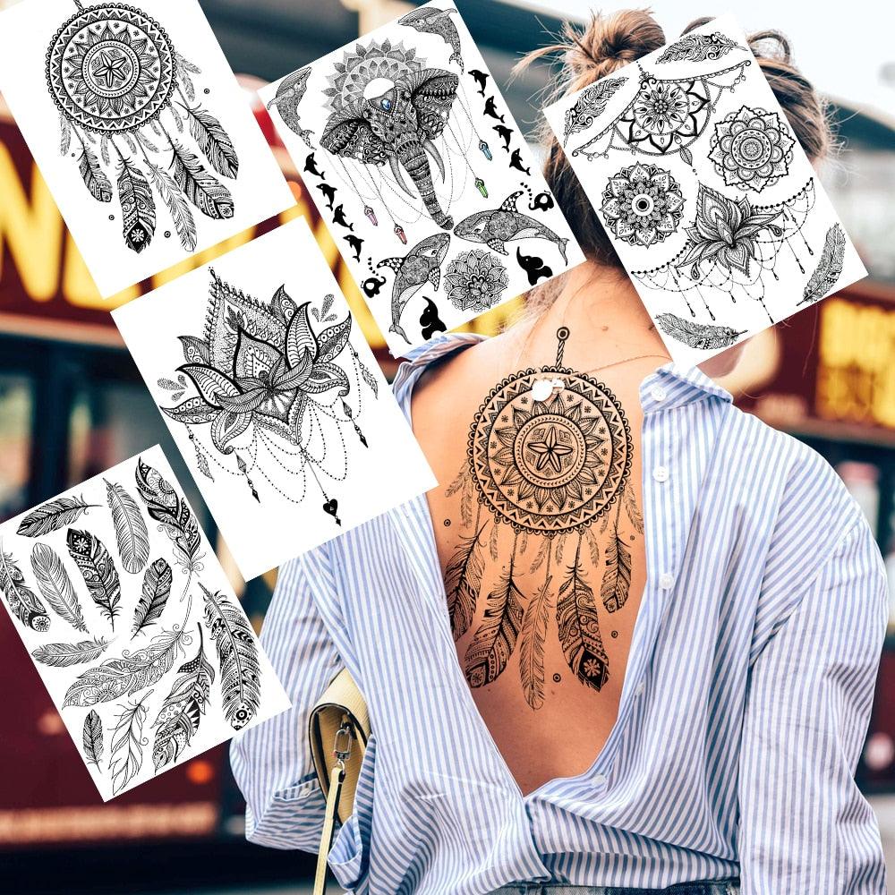 Black Dreamcatcher Temporary Tattoos Sticker For Women Fashion Body Art Back Tatoos Fake Jewelry Mandala Flower Tattoo For Party