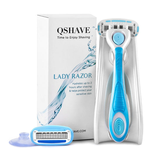 QSHAVE IT Lady Shaving 5-Blade Razor Women Bikini Hair Removal Blade Epilator Made in USA, Razor + 2 Cartridges + Holder + Stick