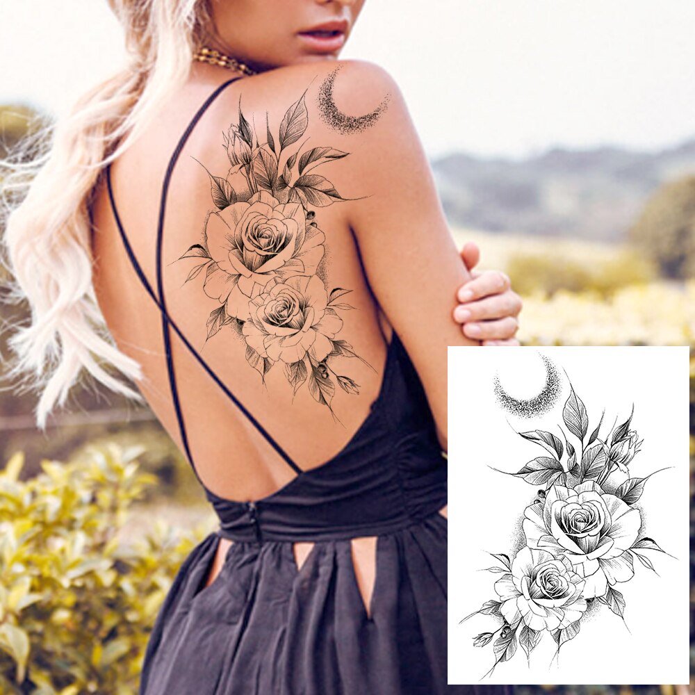 YURAN Black Tulip Totem Tattoos Stickers Women Body Waist Arm Art Bracelet Tattoos Temporary Girls Butterfly Tatoos Rose Chains