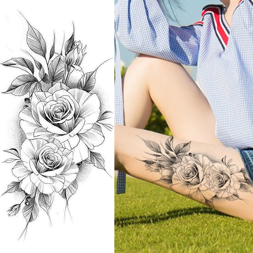 Women's Fashion Flower Temporary Tattoos Sticker Fake Rose Feather TatooS Decal Waterproof Body Art Legs Arm Tatoos For Women