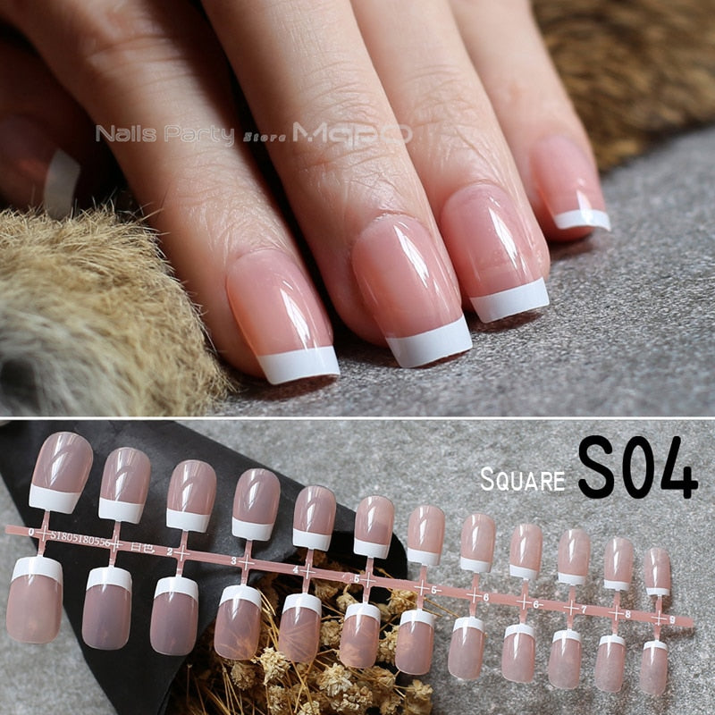 UV French Long Square fake nails light pink false nails nude color wedding nails 24pcs full set