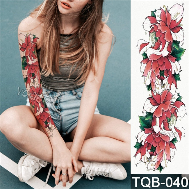 Large Arm Sleeve Tattoo Japanese Wave Waterproof Temporary Tattoo Sticker Lily Peacock Men Full Tiger Fox Tatoo Body Art Women