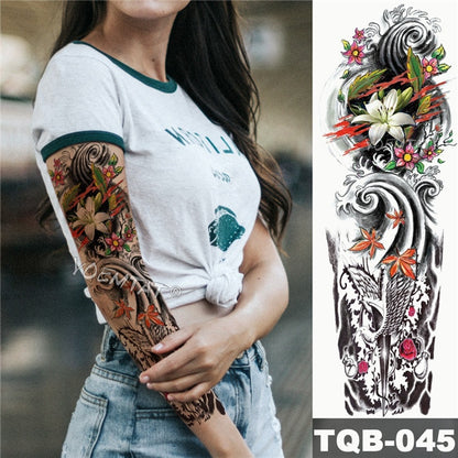 Large Arm Sleeve Tattoo Japanese Wave Waterproof Temporary Tattoo Sticker Lily Peacock Men Full Tiger Fox Tatoo Body Art Women