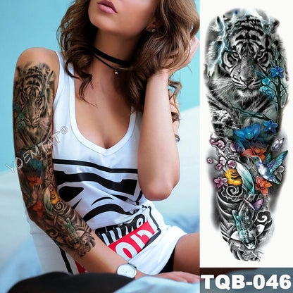 Large Arm Sleeve Tattoo Japanese Wave Waterproof Temporary Tattoo Sticker Lily Peacock Men Full Tiger Fox Tatoo Body Art Women