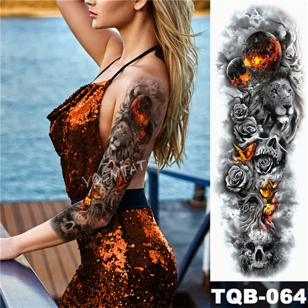 Large Arm Sleeve Tattoo Japanese Wave Waterproof Temporary Tattoo Sticker Lily Peacock Men Full Tiger Fox Tatoo Body Art Women