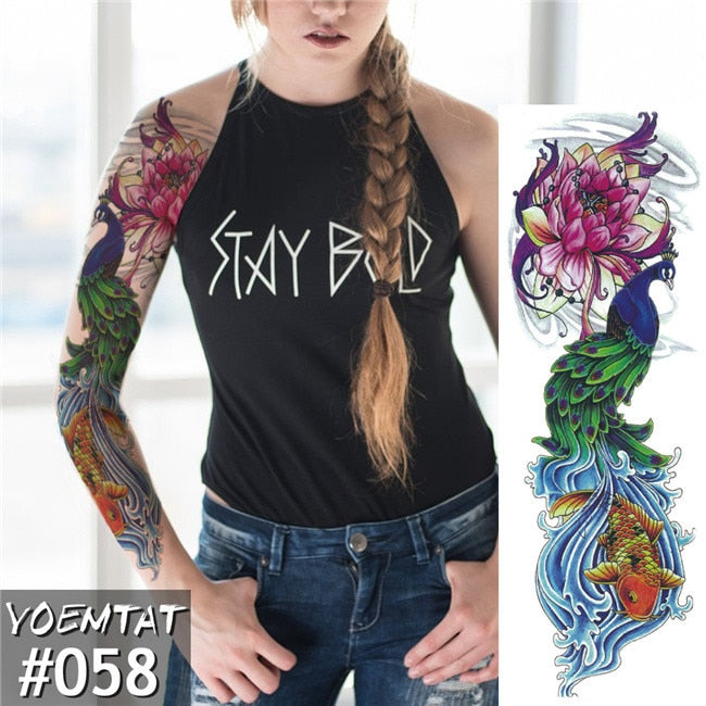 Large Arm Sleeve Tattoo Japanese Wave Waterproof Temporary Tattoo Sticker Lily Peacock Men Full Tiger Fox Tatoo Body Art Women