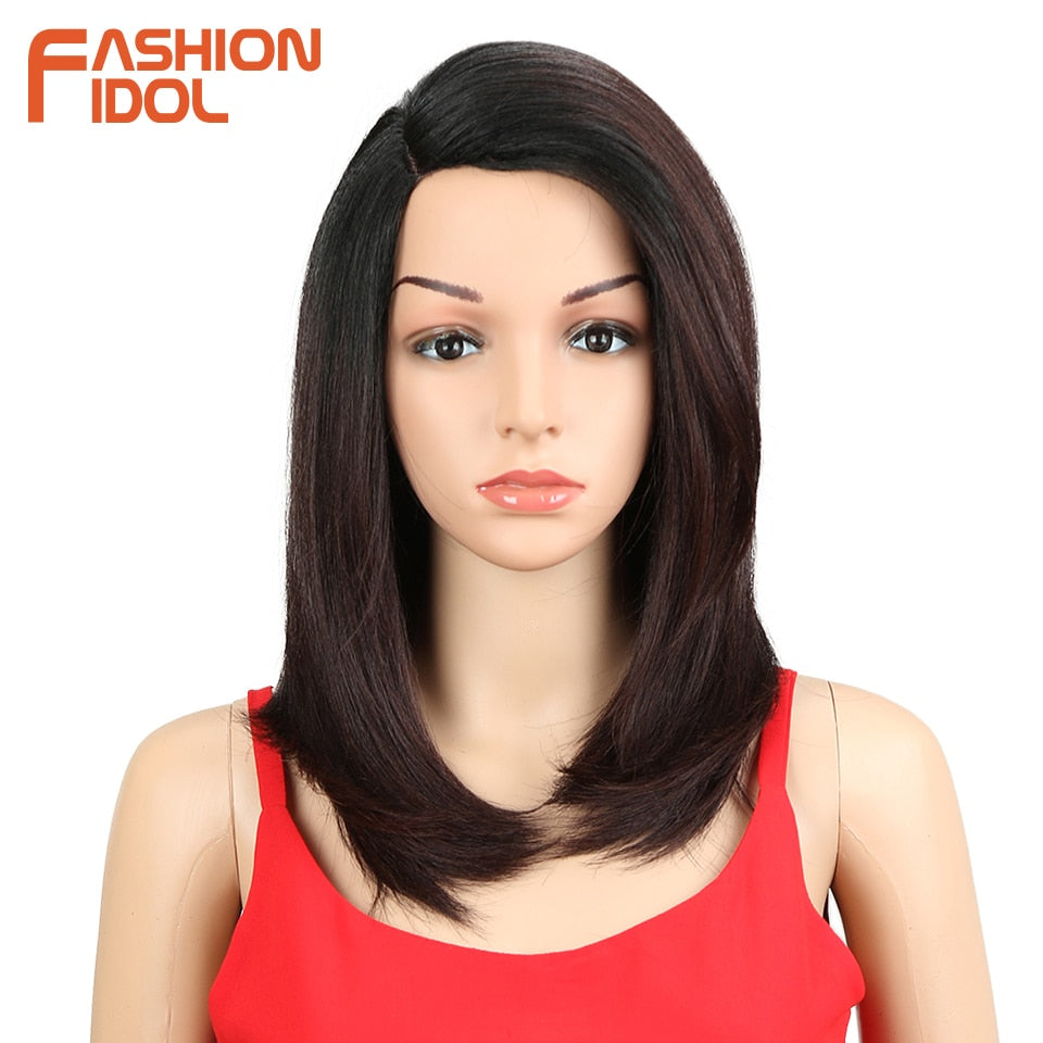 FASHION IDOL Wigs For black Women 18 inch Short Bob Hair Straight Synthetic Side Part Lace Wig Ombre Heat Resistant Cosplay Wig