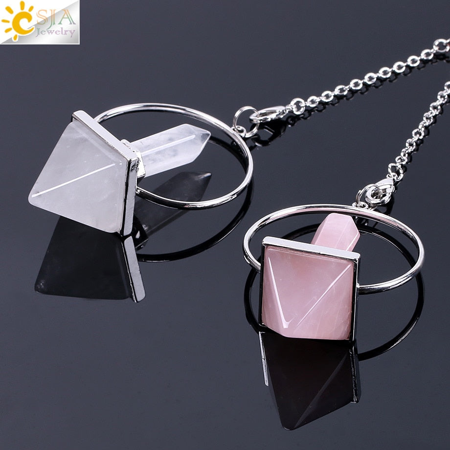 CSJA Reiki Healing 7 Chakra Pendulums for Dowsing Natural Stone Hexagonal Prism Pyramid White Pink Crystal Obsidian Pendulo F057