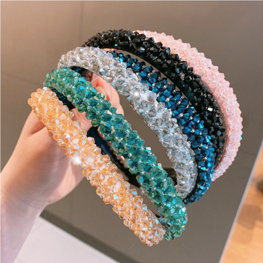 Haimeikang Retro Beaded Hairband Shiny Women Headband Hair Accessories Wide Simple Crystal Hair Hoop Head Band Girls Hairbands