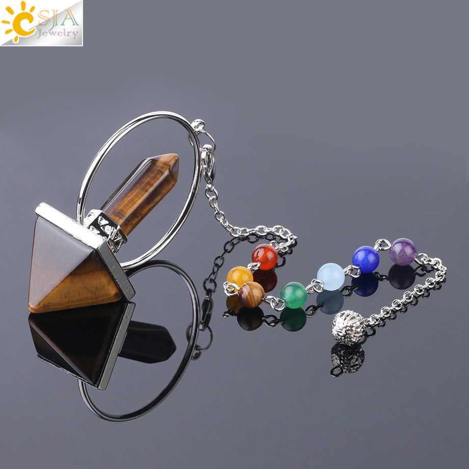 CSJA Reiki Healing 7 Chakra Pendulums for Dowsing Natural Stone Hexagonal Prism Pyramid White Pink Crystal Obsidian Pendulo F057