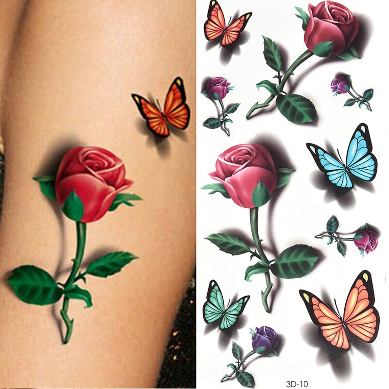 Temporary Tattoos Sticker for Women Body Art Tattoo Sticker 3D Butterfly Rose Flower Feather Tattoo Waterproof Halloween Gift