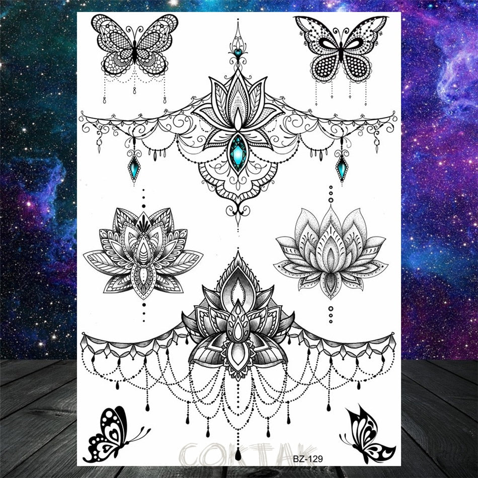 Black Dreamcatcher Temporary Tattoos Sticker For Women Fashion Body Art Back Tatoos Fake Jewelry Mandala Flower Tattoo For Party