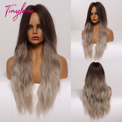 Long Synthetic Brown Blonde Water Wavy Gloden Highlight Wigs Middle Part Heat Resistant Cosplay Natural Hair for Black Women