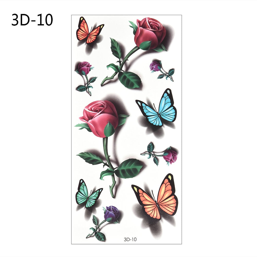 Temporary Tattoos Sticker for Women Body Art Tattoo Sticker 3D Butterfly Rose Flower Feather Tattoo Waterproof Halloween Gift