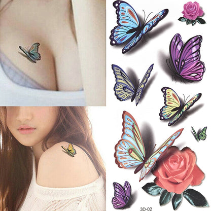 Temporary Tattoos Sticker for Women Body Art Tattoo Sticker 3D Butterfly Rose Flower Feather Tattoo Waterproof Halloween Gift