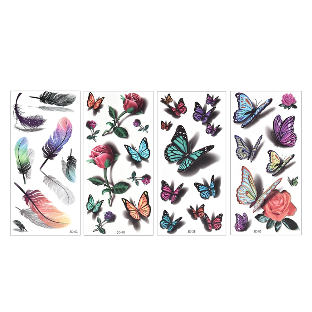 Temporary Tattoos Sticker for Women Body Art Tattoo Sticker 3D Butterfly Rose Flower Feather Tattoo Waterproof Halloween Gift