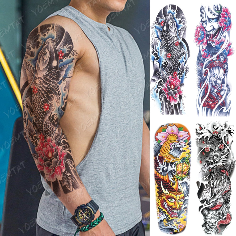 Large Size Waterproof Temporary Tattoo Stickers Prajna Demon Koi Dragon Flash Tatoo Man Body Art Transferable Fake Sleeve Tatto