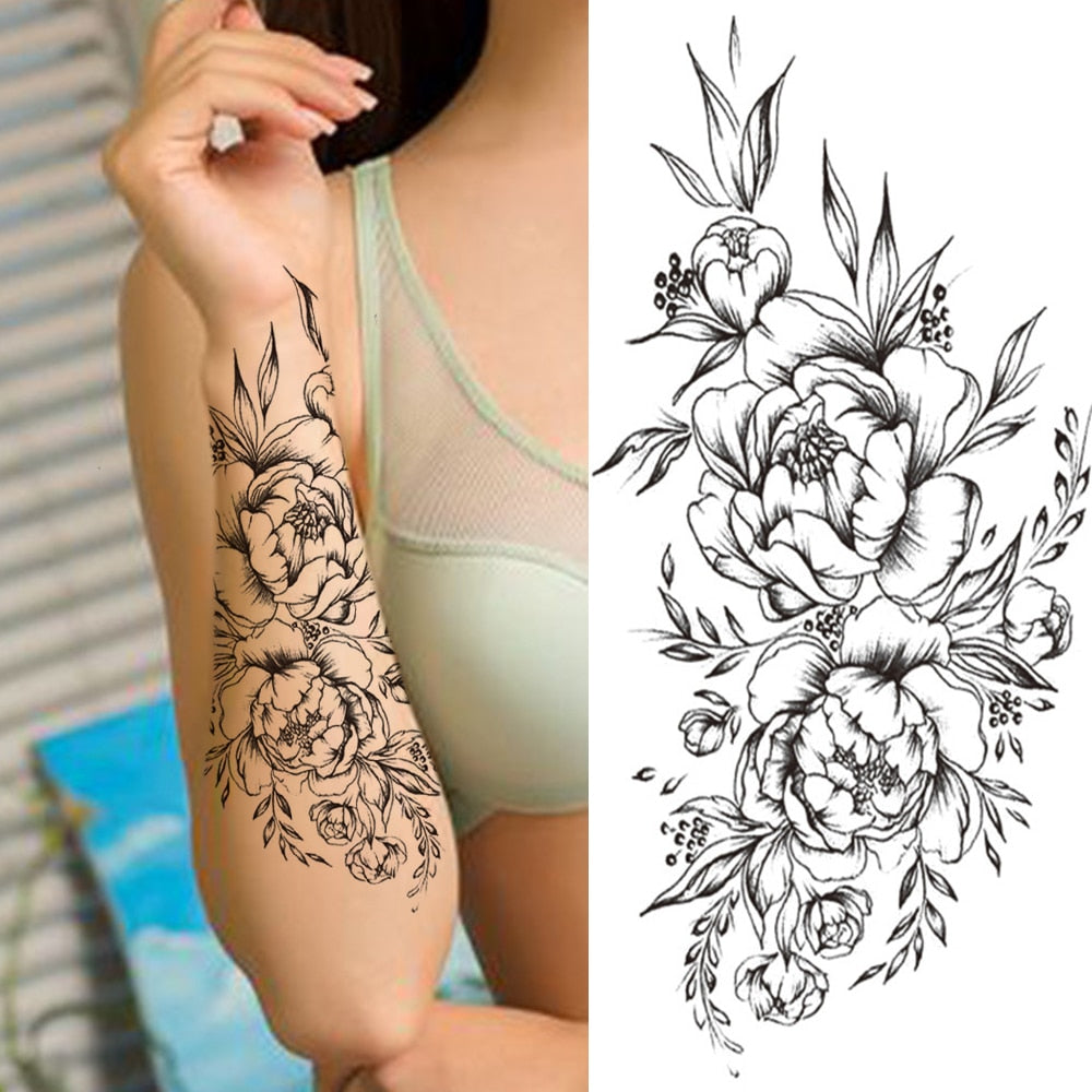 Large Realistic Flower Fake Tattoo Stickers For Woman Female Azalea Snake Flower Temporary Tattoos Body Art Water Transfer Tatoo