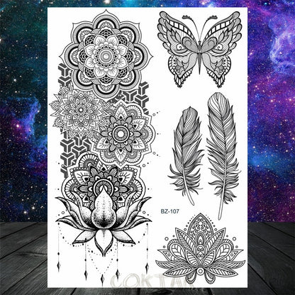 Black Dreamcatcher Temporary Tattoos Sticker For Women Fashion Body Art Back Tatoos Fake Jewelry Mandala Flower Tattoo For Party