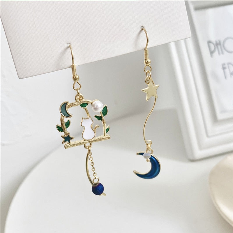 New Fashion Flower Cute Animal Cat Dangle Earrings For Women Moon Stars Kitten Flowers Asymmetrical Earring Party Jewelry Gifts